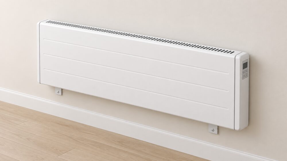 A white horizontal oil-filled electric panel radiator mounted flat on a plain interior wall, shown close up, with its control panel on the right-hand side and its wall brackets visible beneath it.