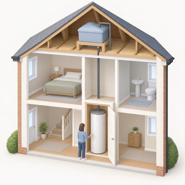 A tall insulated hot water cylinder standing in a home airing cupboard, with an insulated cold water tank in the loft above connected by a pipe running up through the ceiling, shown in a simple cutaway of a house.