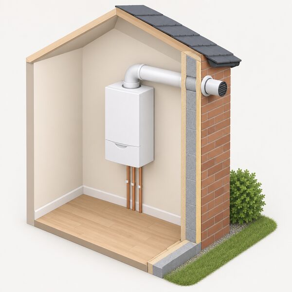 A wall-mounted boiler inside a house with its flue pipe passing through the outside wall, including a bend in the run and the terminal on the exterior, shown in a simple cutaway view.