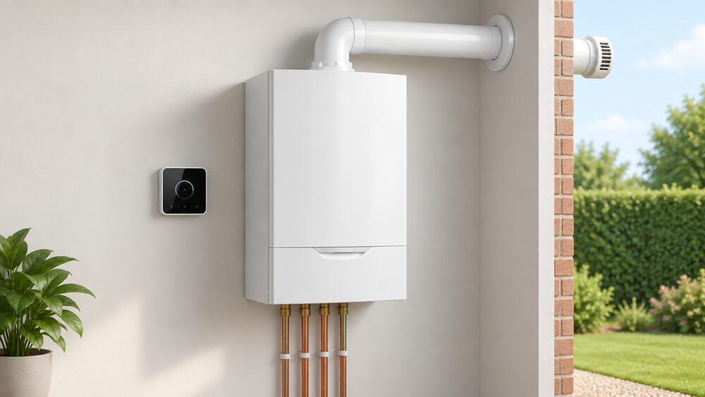A white wall-mounted gas combi boiler indoors on a plain wall, its horizontal flue passing through the external wall to the open air, with a wall-mounted Smart Plus controller beside it.