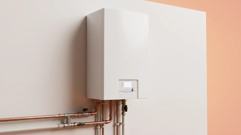 A white wall-mounted gas boiler with copper pipework beneath it against a plain wall
