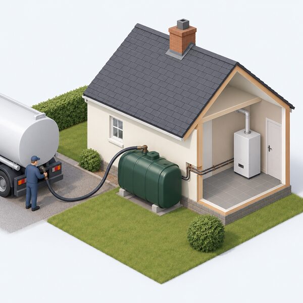 A simplified isometric view of an oil storage tank standing outside the back of a small detached home, with a fuel line running from the tank through the wall to the boiler inside, and a delivery hose from a tanker reaching the tank's fill point.