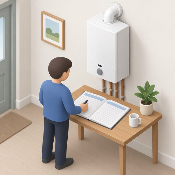 A wall-mounted boiler in a home with a service record document lying open on a nearby table, its pages shown as blank ruled lines and plain colour bands, with a simplified figure standing beside the table holding a pen over the record.
