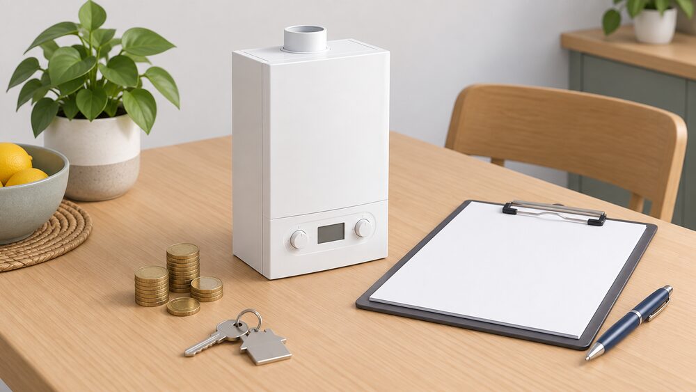 A small model of a white wall-hung combi boiler standing on a kitchen table beside blank quote paperwork on a clipboard, a pen, a small stack of coins and a house key, arranged as a household weighing up replacement quotes.
