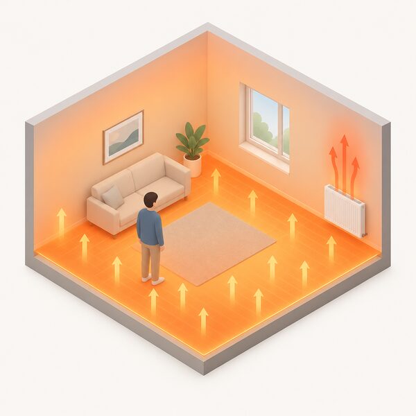 A cutaway room shown in isometric view where the entire floor surface glows with gentle even warmth spreading upward through the whole space, contrasted with a small wall radiator panel in the corner emitting only a narrow plume of heat, illustrating the surface-area difference.