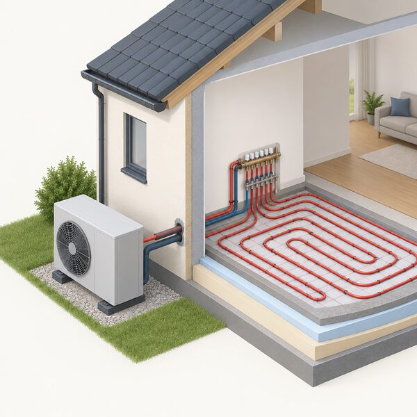 A cutaway house exterior showing an air source heat pump unit standing on the ground outside the wall, with insulated flow and return pipes passing through the wall to connect to the wet underfloor heating pipe loops laid in the floor screed inside.