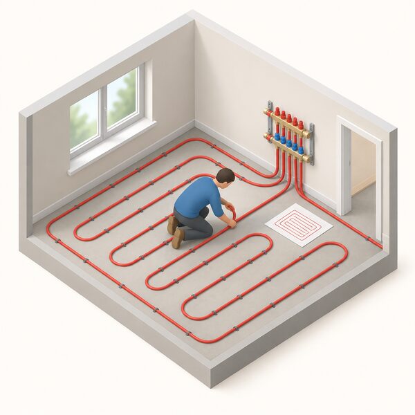 A householder kneeling on a bare subfloor in one room of a house, laying wet underfloor heating pipe in a spaced loop pattern following a layout drawing, with a manifold mounted on the wall nearby but no electrical connections being made.