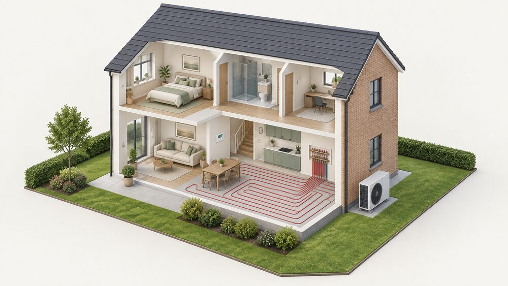 A cutaway house showing warm water underfloor heating pipework laid in loops across the floor of a ground-floor room, connected up to a manifold on an inside wall with a room thermostat, while an air source heat pump unit stands outside the building.