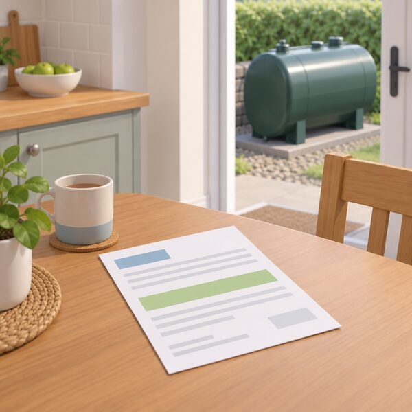 A household energy bill lying on a kitchen table beside a heating oil tank or LPG cylinder, shown as a physical paper document with the one-off credit marked only as a highlighted plain colour band among blank lines, with no readable figures.