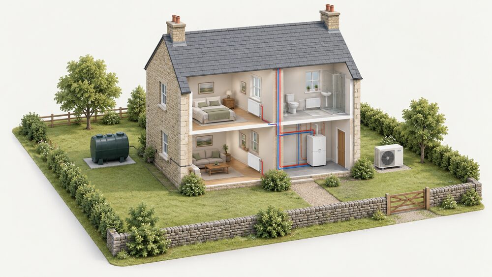 A cutaway of a detached rural house with an oil tank standing outside on the property feeding an indoor boiler connected to radiators in the rooms, and an air source heat pump unit standing outside at least a metre from the boundary.