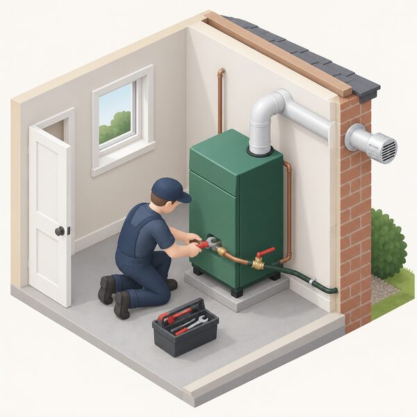 An OFTEC registered technician in plain work clothing installing a domestic oil-fired boiler inside a home, using tools on the boiler and its oil supply pipe, working alone as the self-certifying installer of the installation.