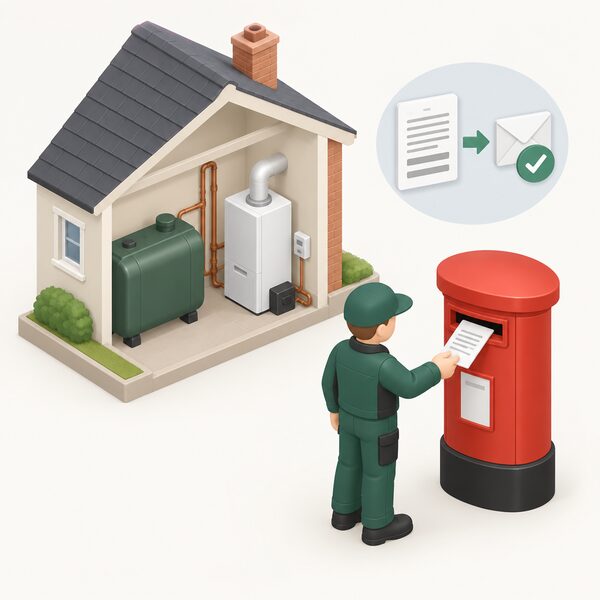 An OFTEC-registered technician at a domestic oil heating installation posts a job notification document into a postbox, showing the paperwork being sent so the six-year workmanship warranty is live.