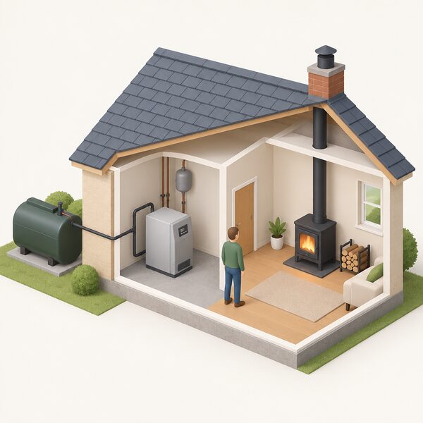A simple cutaway house showing an oil boiler with its oil supply pipe in one room and a wood-burning stove with a flue in another, with a small isometric figure standing between them indicating both appliances in the same home.
