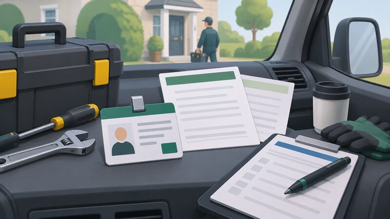 A technician's photo ID card and registration documents laid out on a work van's dashboard or a clipboard beside oil heating tools, shown as physical objects with all text and photo areas as blank lines and plain blocks.