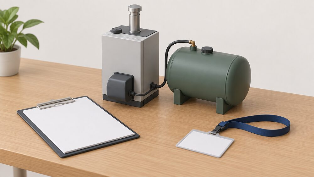 On a wooden table, a small model of an oil-fired boiler with its outdoor oil tank stands beside a blank clipboard of paperwork and a blank photo ID card on a lanyard, representing a registered technician's documented oil heating work.
