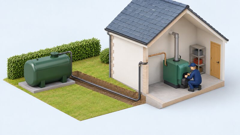 An outdoor domestic oil storage tank connected by supply pipework running into the house to an indoor oil-fired boiler, with a technician working at the boiler.