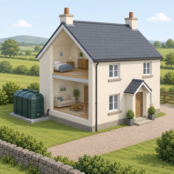 A detached rural house set in open countryside with a plastic oil storage tank on a base beside an outside wall, connected by a small oil supply line running into the house, with no gas connection anywhere in the scene.