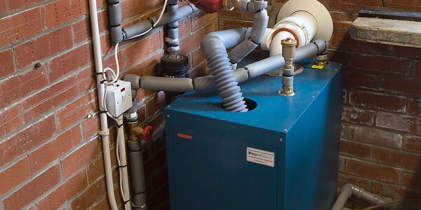 A blue oil boiler installed against a brick wall with insulated pipework and a flue