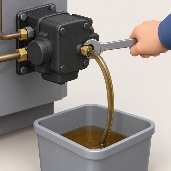 A close-up of an oil boiler's fuel pump with its hex-nut bleeder valve, rubber tubing pushed onto the valve and running down into a container catching the draining oil, with a wrench loosening the nut.