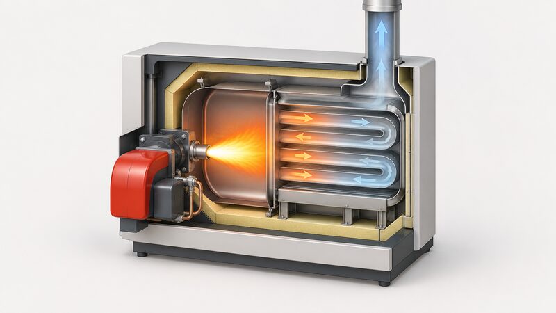 A cutaway diagram of an oil-fired condensing boiler showing the pressure-jet burner with its nozzle firing into the heat exchanger, and flue gases passing through the exchanger to give up heat before leaving via the flue.
