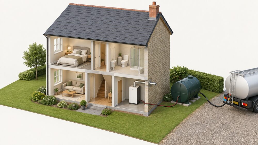 A cutaway of a small house showing an oil boiler indoors with its flue passing through an external wall, an oil storage tank standing outside with tanker access, and a fuel line running from the tank to the boiler.