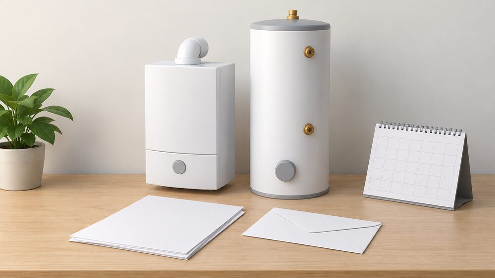 A small model of a wall-hung gas combi boiler and a tall unvented hot water cylinder stand side by side on a table beside blank warranty paperwork, a blank registration envelope and a wall calendar, all under plain unbranded casings.