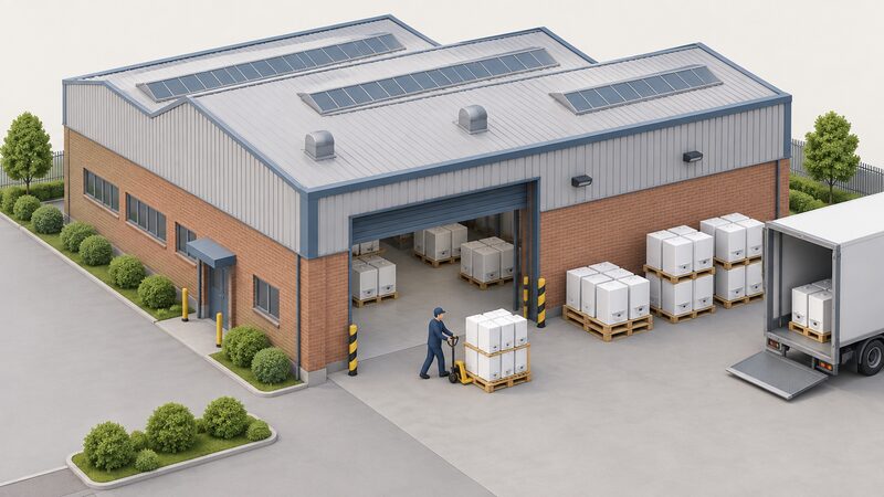 A large brick industrial factory building with a loading bay where pallets stacked with finished white wall-hung combi boilers stand ready, a simplified isometric worker in plain clothing moving one pallet with a hand truck beside an open bay door.