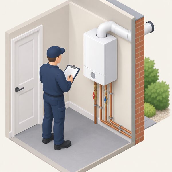 An installer with a clipboard surveys a wall-mounted gas boiler in a home utility space, inspecting the boiler, its flue and surrounding pipework while preparing a quote for a supplied and fitted installation.