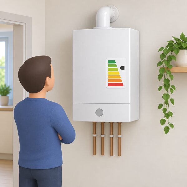 A wall-hung gas boiler in a home with an ErP energy efficiency label fixed to its front casing, drawn as a physical sticker showing a plain colour-banded rating scale from green to red with a simple arrow marker, no readable words or figures.