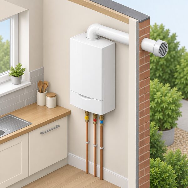A white wall-hung condensing gas combi boiler mounted on an inside kitchen wall, with its horizontal flue pipe passing through the external wall and copper gas and water pipes rising from below into the bottom of the case.