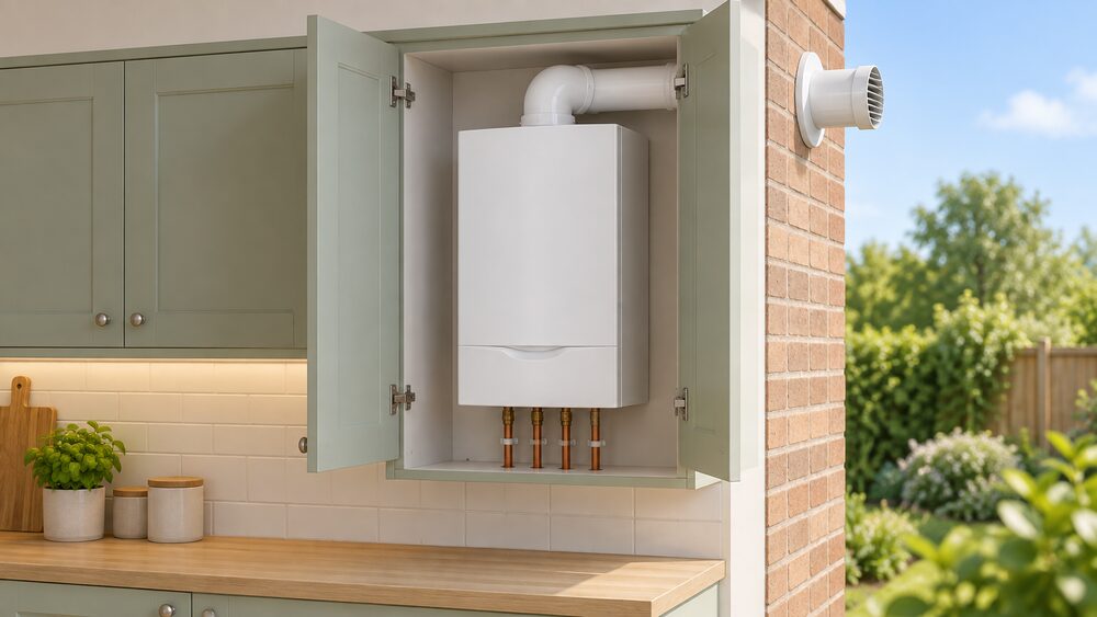 A compact white wall-mounted heat-only gas boiler, its front cover intact, mounted inside an open kitchen cupboard with its flue duct passing through the external wall behind it to the open air.
