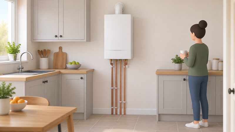 A white wall-mounted heat-only boiler in a kitchen, shown in a simple cutaway view with copper pipework running from its underside down to the floor, with no cylinder or loft tank visible in the frame.