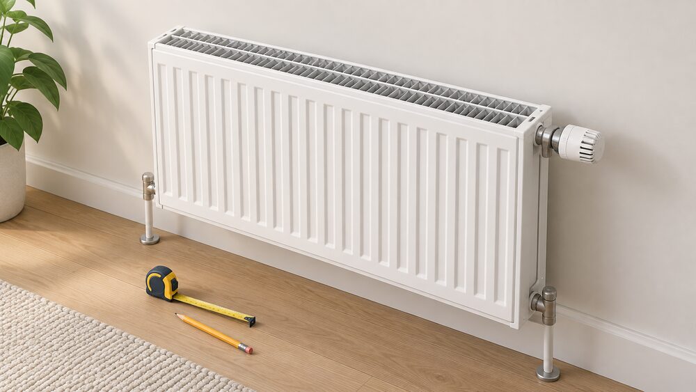 A white double panel convector radiator mounted on an interior wall, shown close up with a thermostatic radiator valve at one end and clear wall space around it, with a tape measure and pencil resting on the floor nearby to suggest sizing.