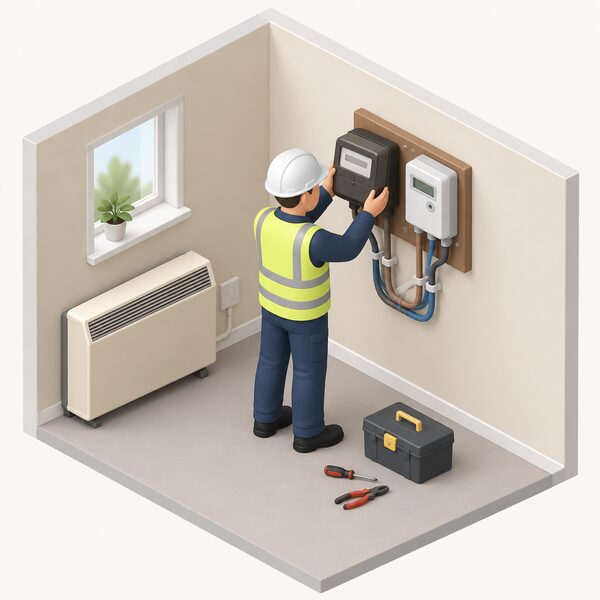 A supplier engineer at a household electricity meter position, tools in hand, removing an old RTS meter from the wall and fitting a new meter in its place, with the meter tails and a nearby storage heater visible in the room.