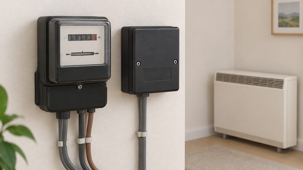 A close-up of a black radio teleswitch box mounted on a wall beside an older electricity meter, with the teleswitch box as the central object and a storage heater faintly visible in the background of the room.