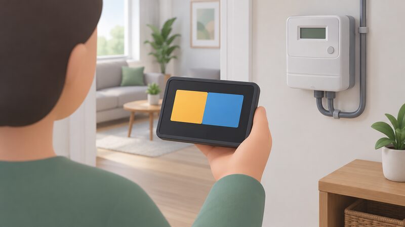 A smart meter in-home display held in a hand, its screen showing two plain colour bands side by side representing a day rate and a night rate, with the smart meter on the wall nearby.