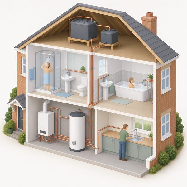 A cutaway two-storey house with a boiler and hot water cylinder downstairs, two loft tanks above, and simplified figures in two upstairs bathrooms and at a kitchen sink all drawing hot water at the same time.