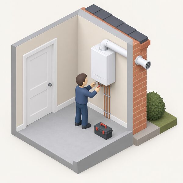 A simplified isometric installer in plain clothing fitting a heat-only boiler on an inside wall of a home, with tools in hand and the boiler's flue passing horizontally through the outside wall to terminate outdoors.