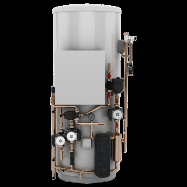 A pre-plumbed hot water cylinder with copper pipework, pumps and valves, shown on a white background