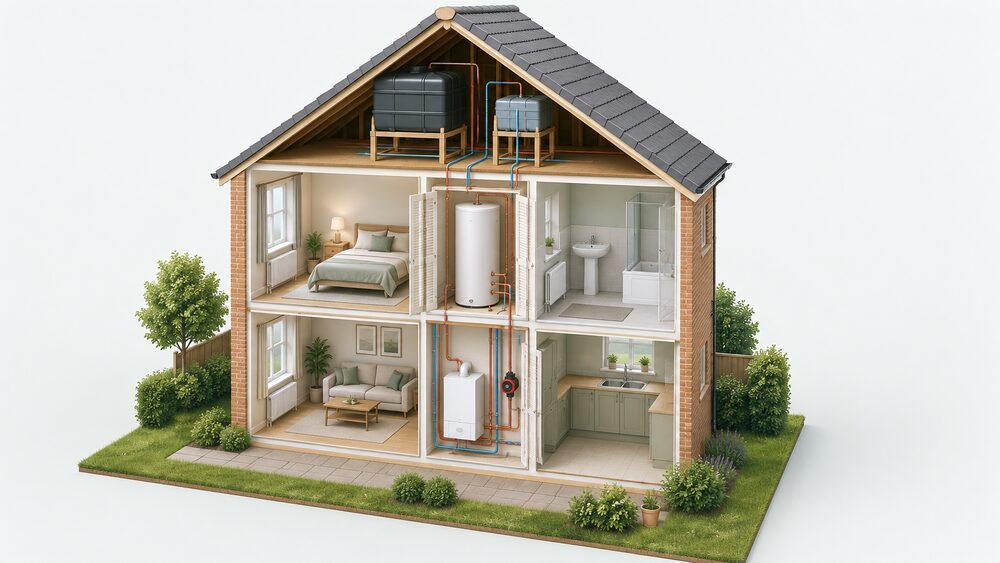 A cutaway two-storey house showing a heat-only boiler downstairs, a hot water cylinder in the first-floor airing cupboard, and two water tanks in the loft above, with pipework linking them.