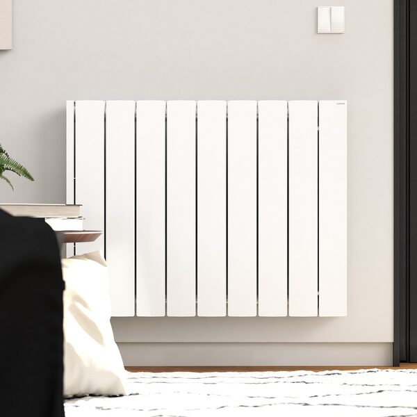 A white Rointe electric panel radiator mounted on a wall in a living room