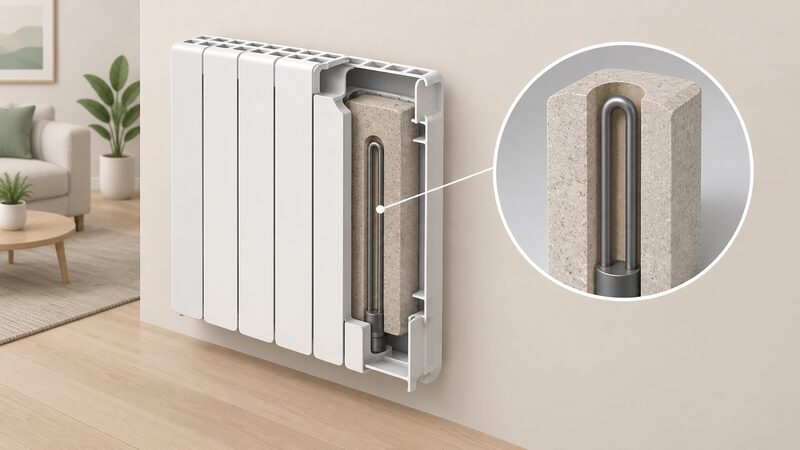 A cutaway view of an electric radiator's aluminium body revealing a solid steatite stone core with the electric heating element inserted inside it, shown as a simplified diagram without any text or numbers.