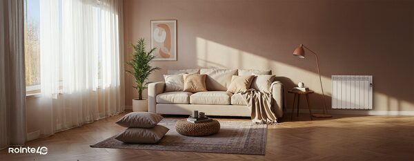 A Rointe electric radiator mounted on the wall of a sunlit beige living room with a sofa, plant and floor lamp