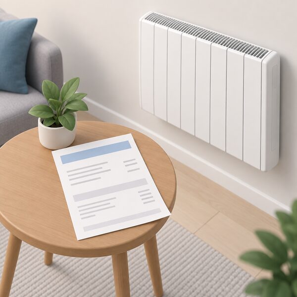 A paper purchase receipt lying on a small table beside a wall-mounted white electric radiator, shown as a physical document with blank lines and plain colour bands so no readable figures appear, illustrating the paperwork needed to validate the warranty.