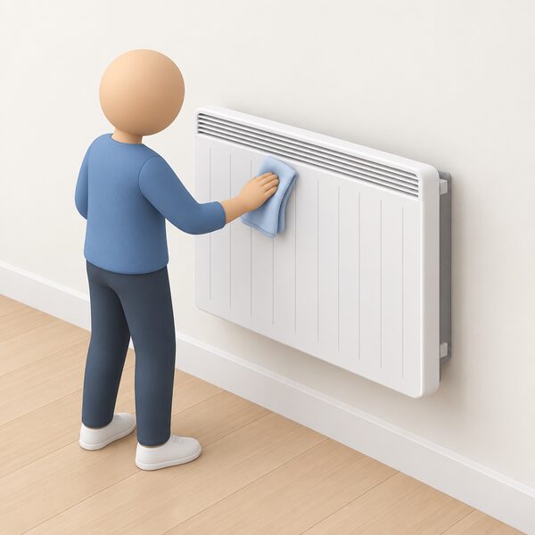 A simplified figure stands beside a wall-mounted electric radiator, wiping dust from its front surface with a soft cloth, with a clear gap visible between the back of the unit and the wall behind it.