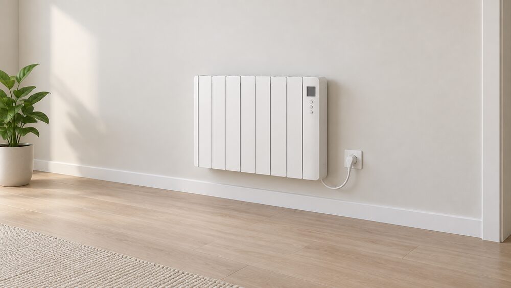 A single white aluminium electric radiator mounted on an interior wall with its control panel, standing 10 to 15 centimetres above the floor with clear space around it, connected only to a mains wall socket below.