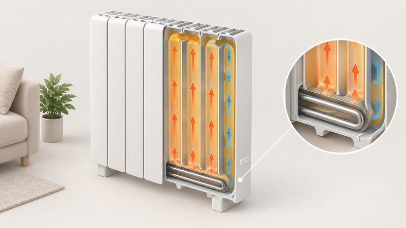 A cutaway diagram of a thermal fluid electric radiator showing the recycled aluminium body with internal channels carrying mineral oil, heated by an armoured steel resistance element at the base, with arrows indicating fluid circulation.