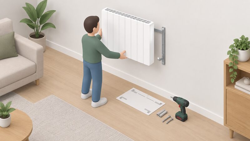 A simplified isometric figure holds a white panel electric radiator up against a living-room wall, offering it onto a wall bracket already screwed in place, while a flat drilling template sheet with blank markings lies on the floor beside a drill and loose fixings.