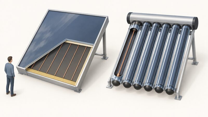 A cutaway comparison showing a flat plate collector with a flat absorber behind glazing beside an evacuated tube collector with absorber inside a glass tube, both cut open to reveal their internal construction side by side.