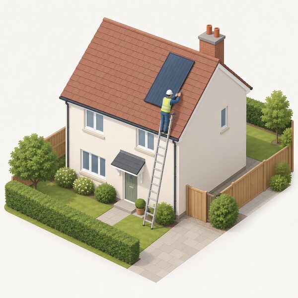 A small isometric figure of an installer on a ladder beside a pitched roof of an ordinary house, fitting a single flat solar thermal panel flush against the roof slope, with the plain house and garden below conveying ordinary permitted development.